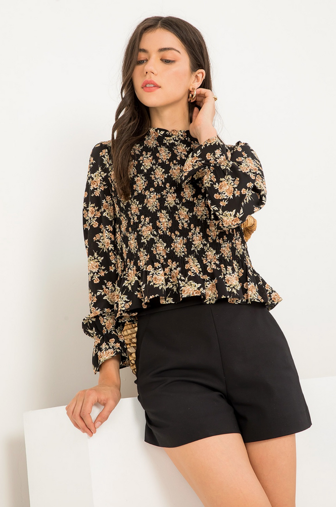 SMOCKED FLORAL PRINT PEPLUM TOP - BLACK