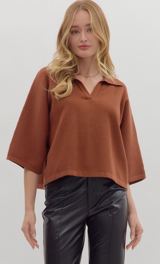 3/4 SLEEVE COLLARED VNECK KNIT TOP - BROWN