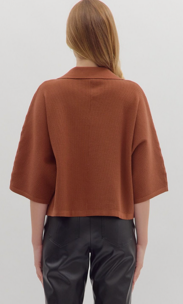 3/4 SLEEVE COLLARED VNECK KNIT TOP - BROWN