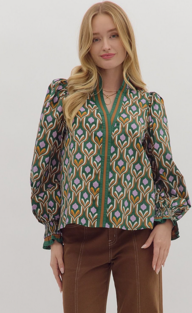 GEOMETRIC PRINT TOP - HUNTER GREEN