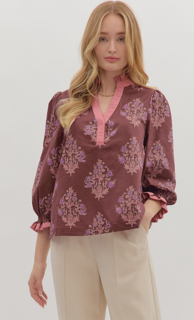 FLORAL PRINT TOP WITH RUFFLE TRIM - CHOCOLATE