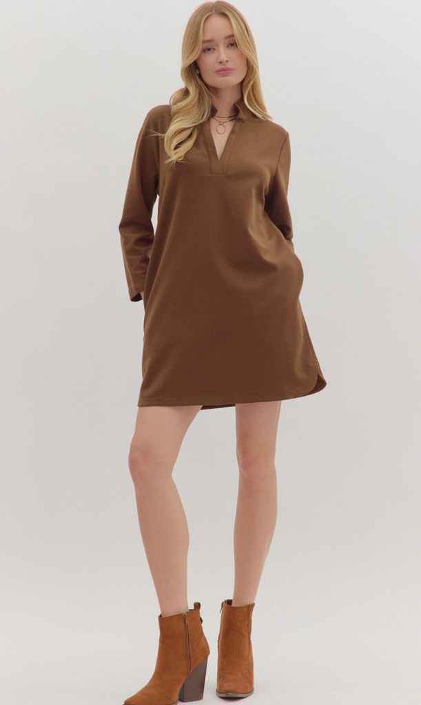 COLLARED MINI DRESS - BROWN