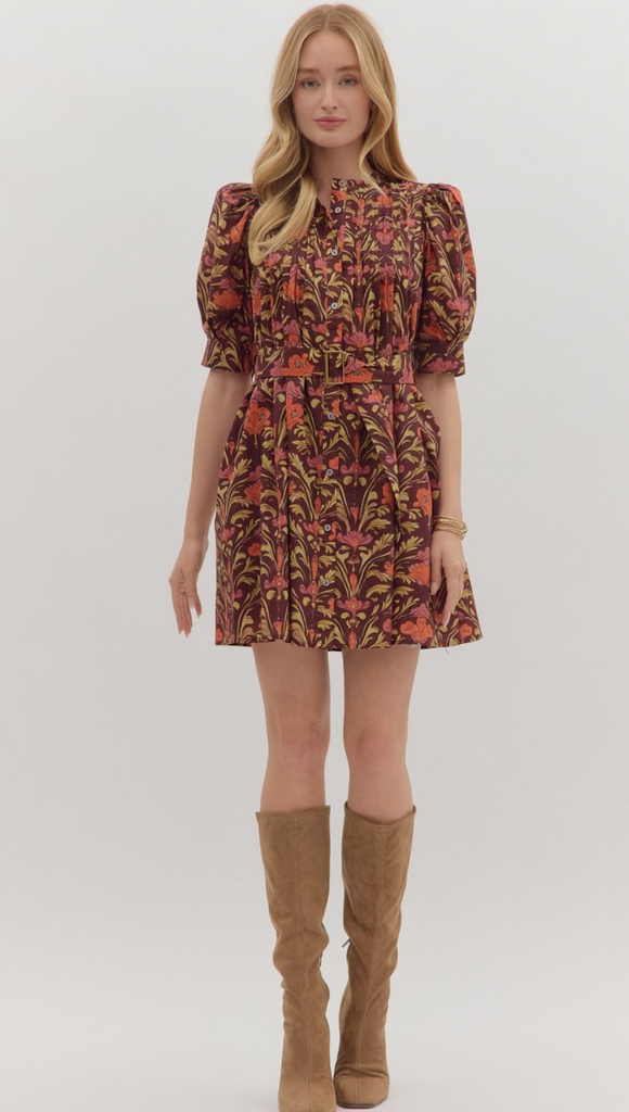 PUFF SLEEVE MINI DRESS WITH BELT - BURGUNDY