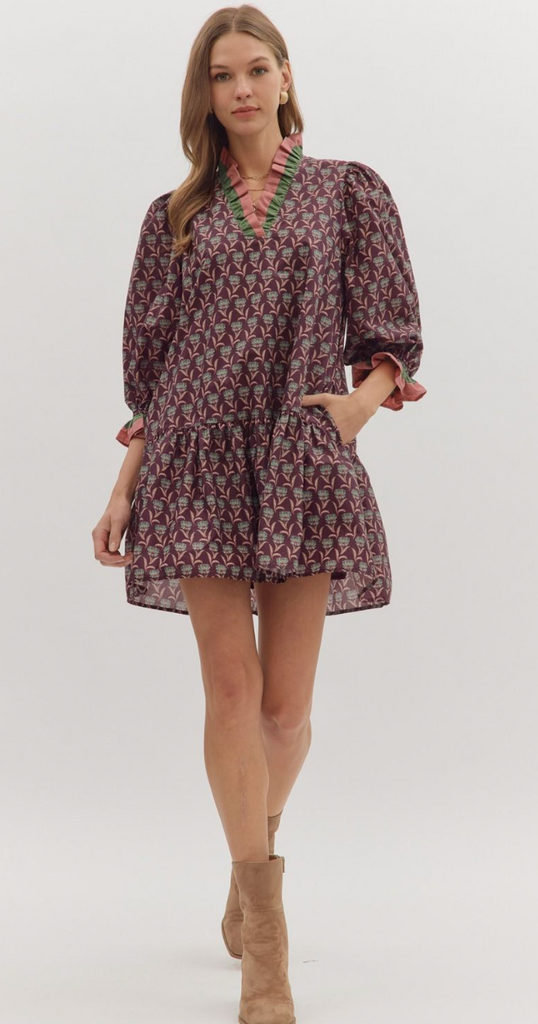 FLORAL PRINT MINI DRESS WITH RUFFLE DETAIL - MERLOT