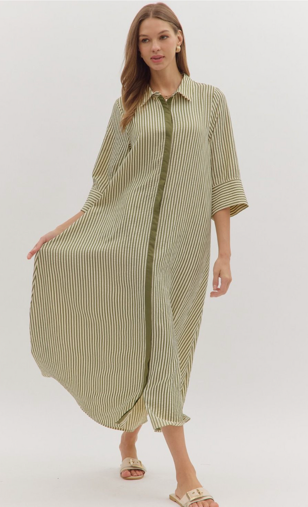 3/4 SLEEVE MIDI SHIRT DRESS - OLIVE