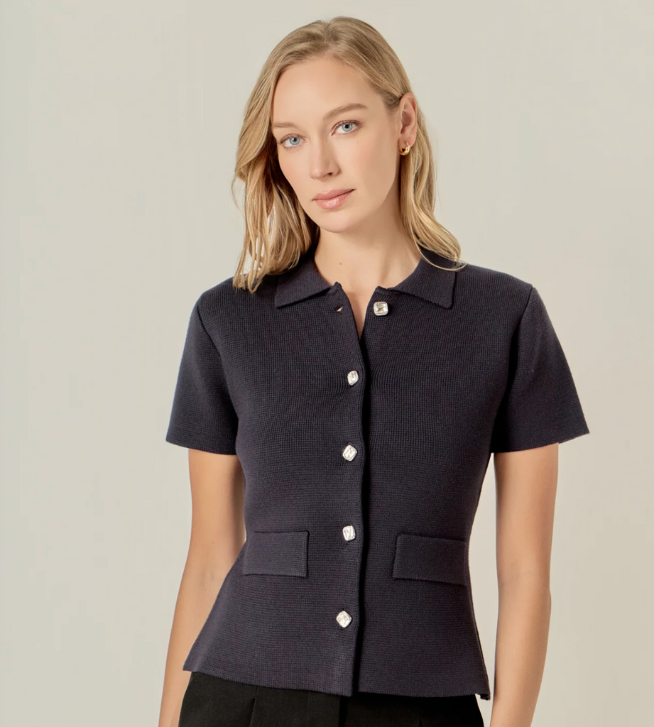 SHORT SLEEVE KNIT CARDIGAN WITH GEM BUTTONS - BLACK