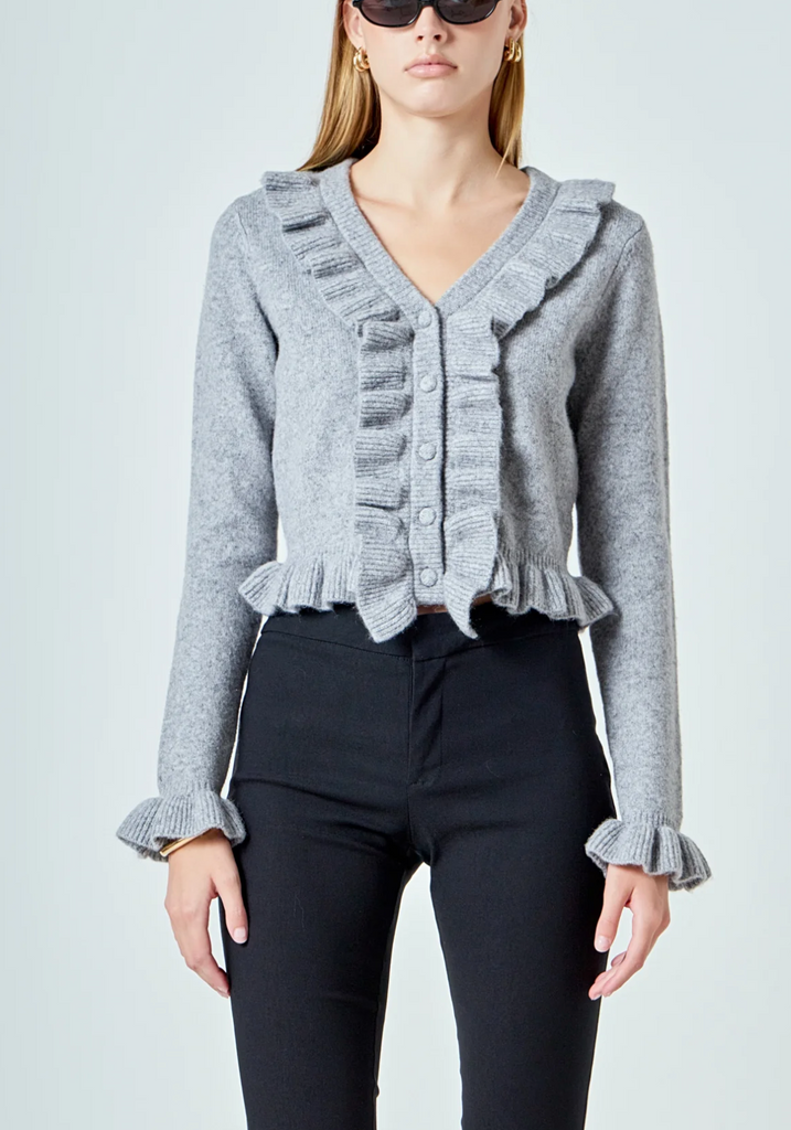 RUFFLED VNECK CARDIGAN - GREY