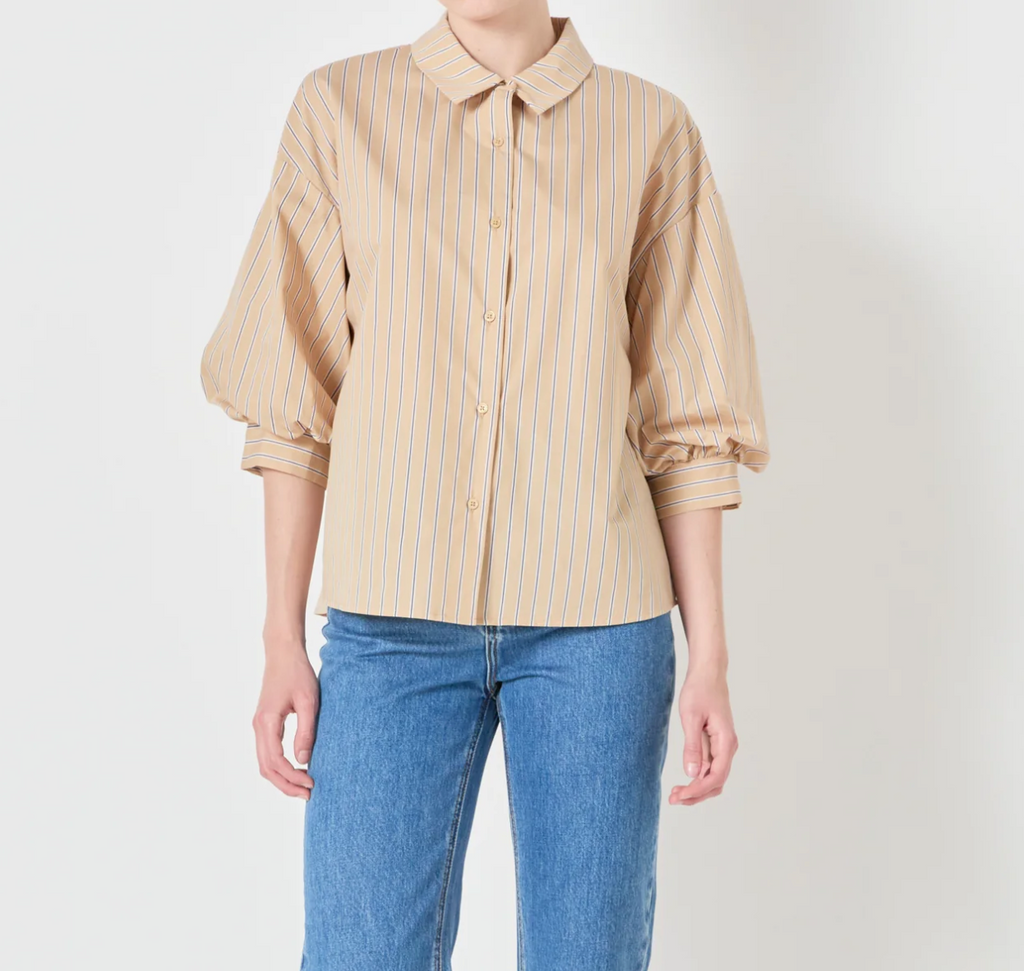 POPLIN STRIPE BALLOON SLEEVE SHIRT - TAN/BLUE
