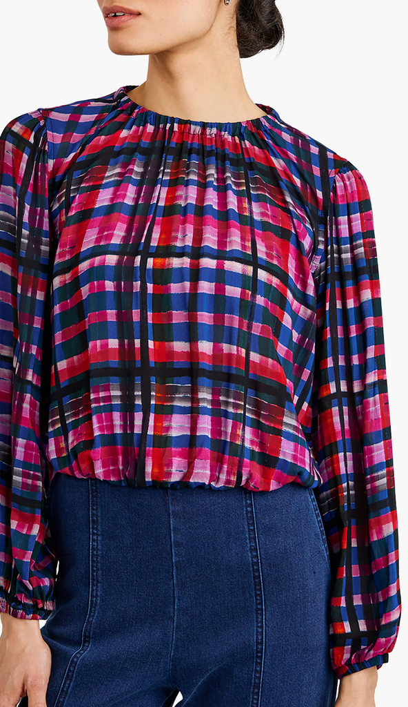 BELLA DAHL ELASTIC SHIRRED TOP - WINTER PLAID
