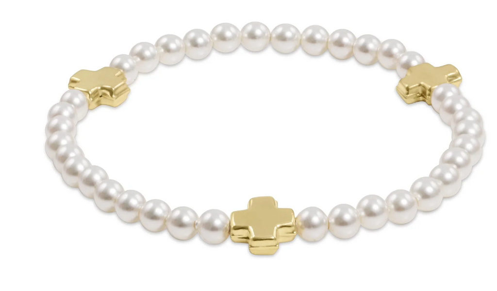 E NEWTON SIGNATURE CROSS SMALL PEARL PATTERN 4MM BEAD BRACELET GOLD