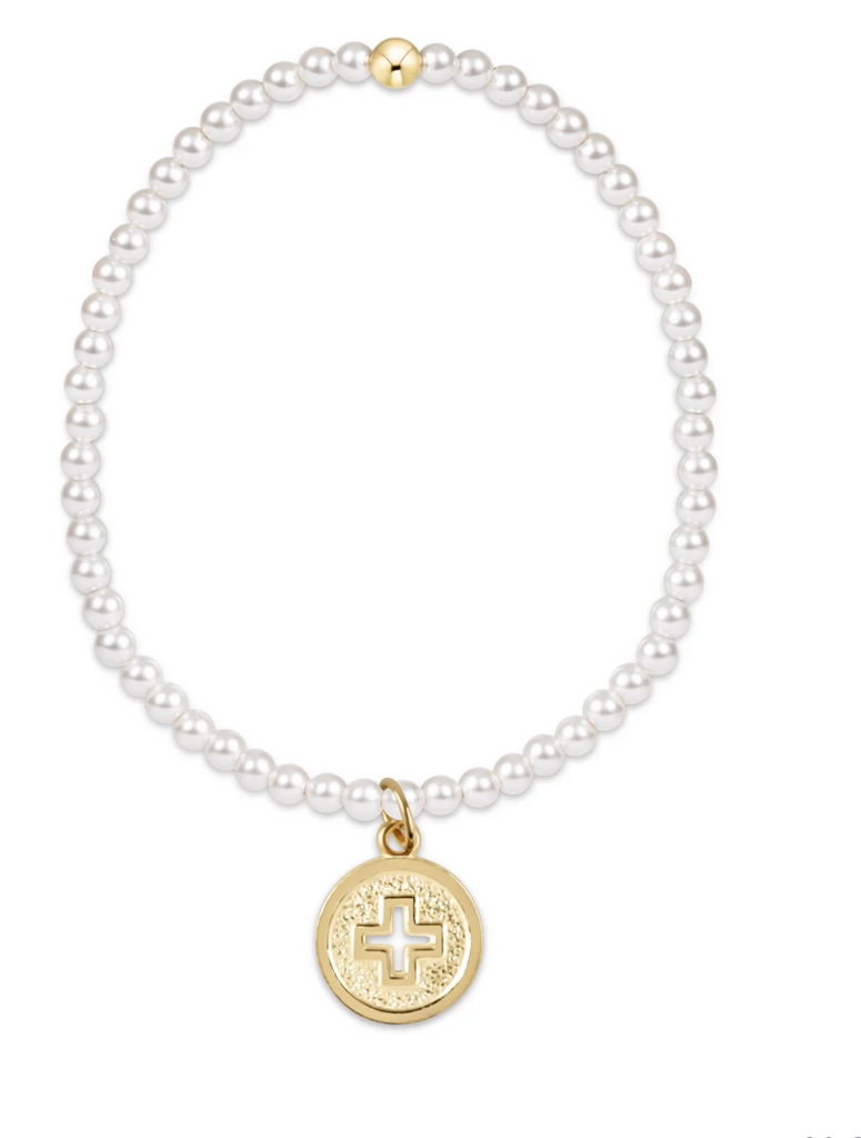 E NEWTON CLASSIC PEARL 3MM BEAD BRACELET - SIGNATURE CROSS GOLD DISC