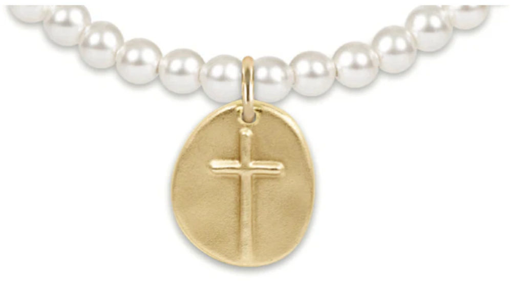 E NEWTON CLASSIC PEARL 4MM BEAD BRACELET WITH INSPIRE GOLD CHARM