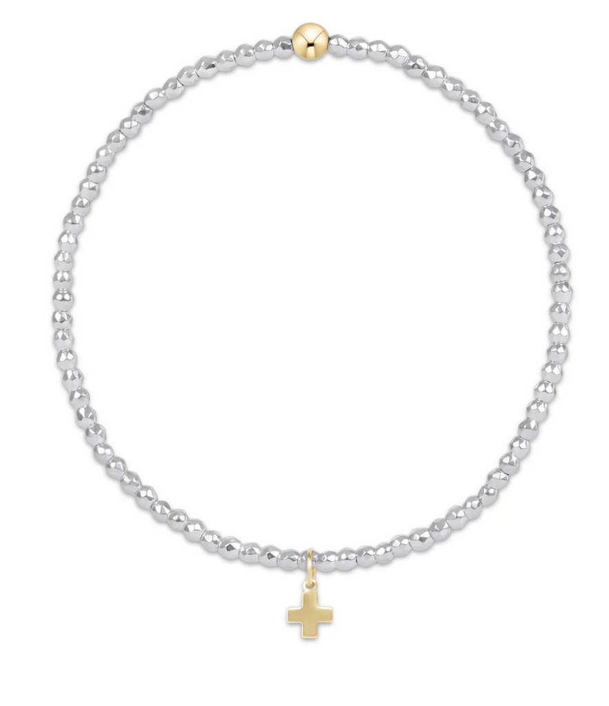 E NEWTON BRIGHT SILVER FACETED HEMATITE 2MM BEAD BRACELET - SIGNATURE CROSS GOLD CHARM