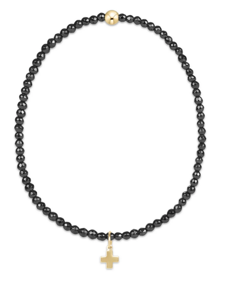 E NEWTON FACETED HEMATITE 2MM BEAD BRACELET - SIGNATURE CROSS GOLD CHARM