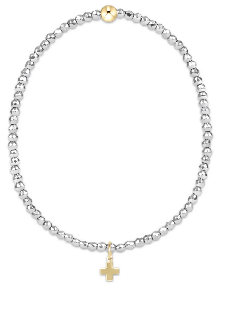 E NEWTON SILVER FACETED HEMATITE 2MM BEAD BRACELET - SIGNATURE CROSS GOLD CHARM