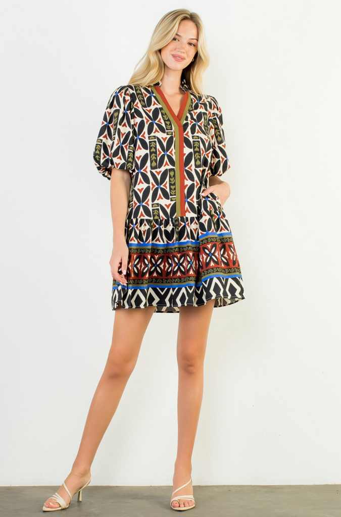 PUFF SLEEVE PRINT VNECK DRESS - CREAM