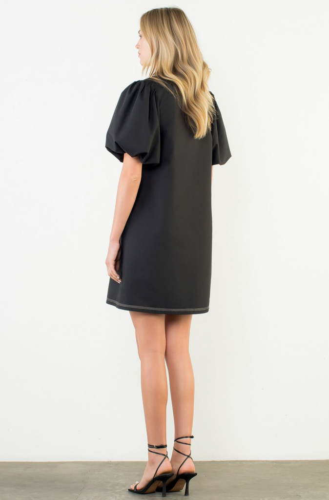 PUFF SLEEVE EMBROIDERED DRESS - BLACK