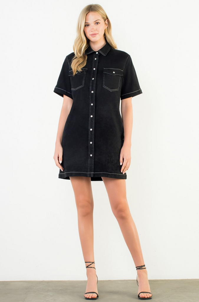 SUEDE DRESS WITH TOP STITCH DETAIL - BLACK