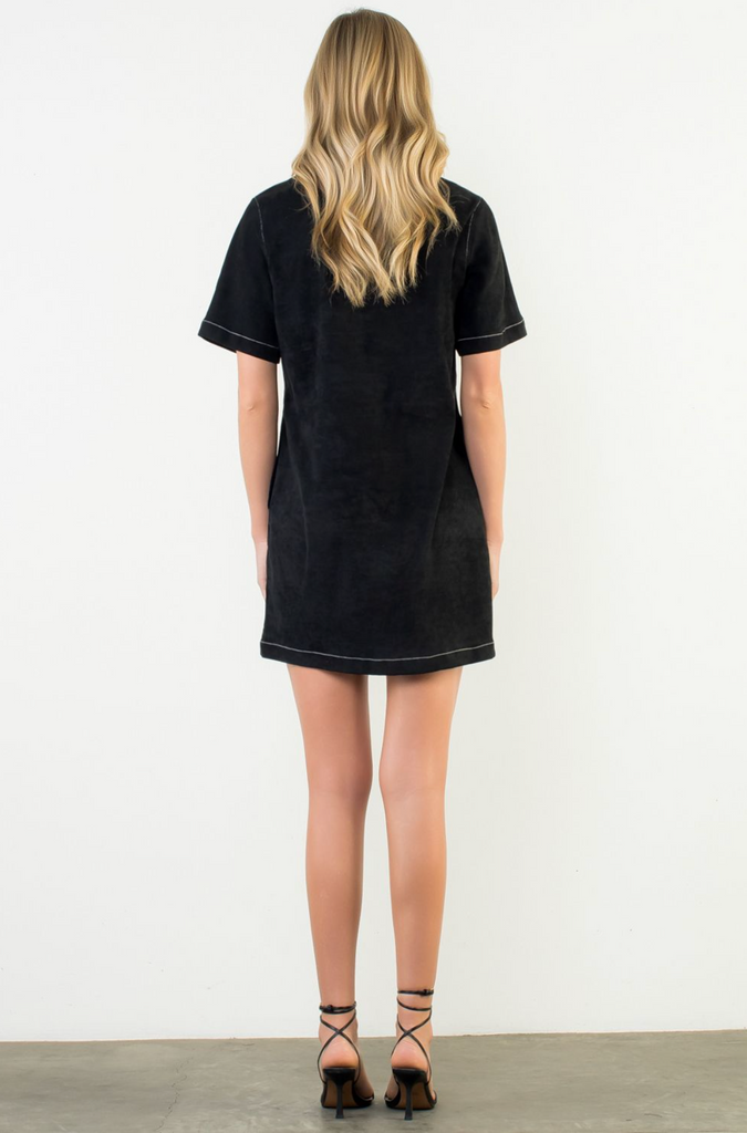 SUEDE DRESS WITH TOP STITCH DETAIL - BLACK