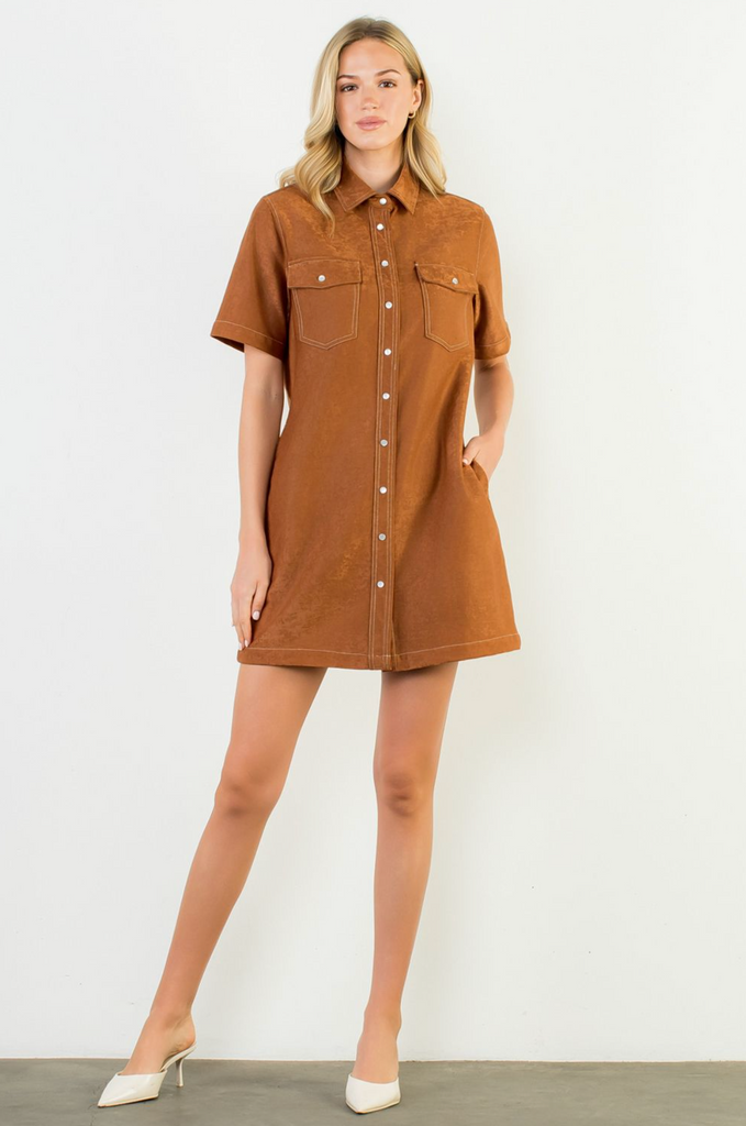 SHORT SLEEVE SUEDE MINI DRESS - BROWN
