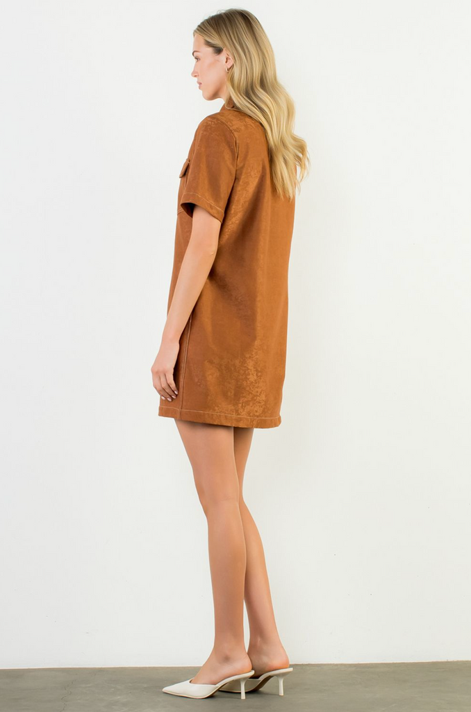 SHORT SLEEVE SUEDE MINI DRESS - BROWN