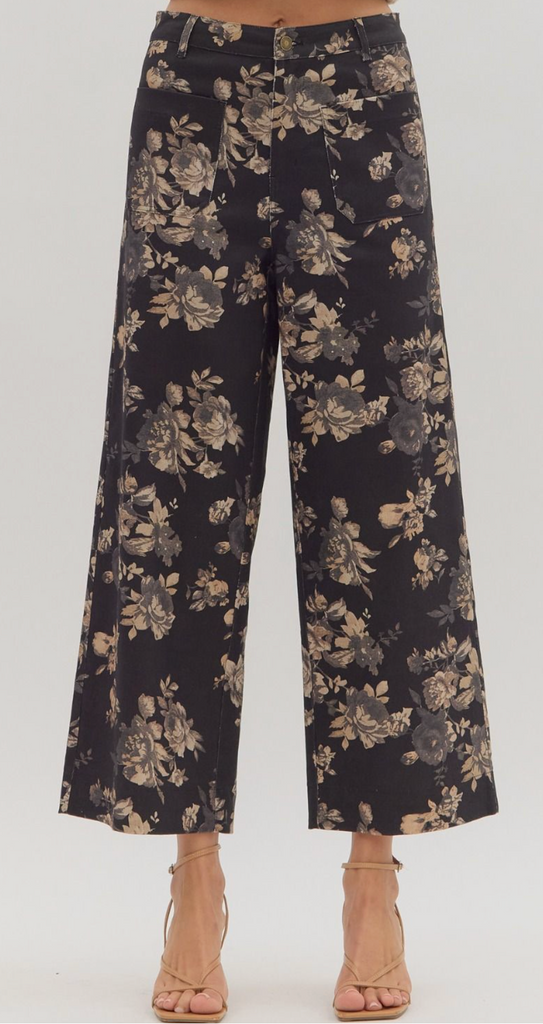 FLORAL PATTERN MID-RISE ANKLE LENGTH PANTS - BLACK