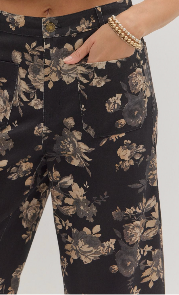 FLORAL PATTERN MID-RISE ANKLE LENGTH PANTS - BLACK