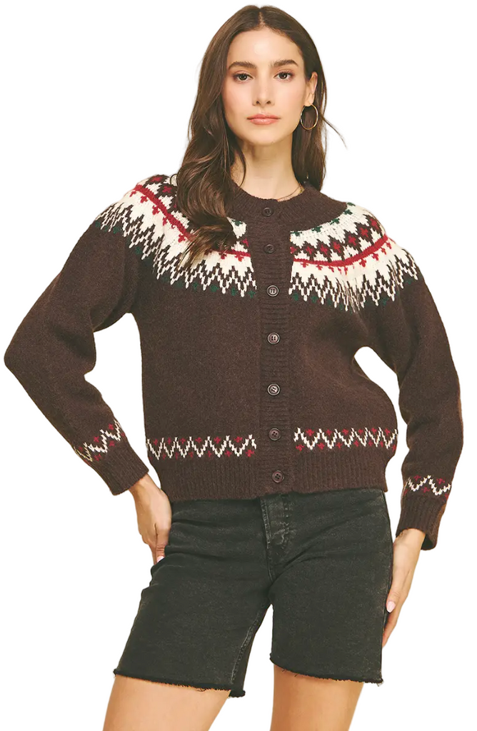 NORDIC PATTERN CARDIGAN SWEATER - BROWN