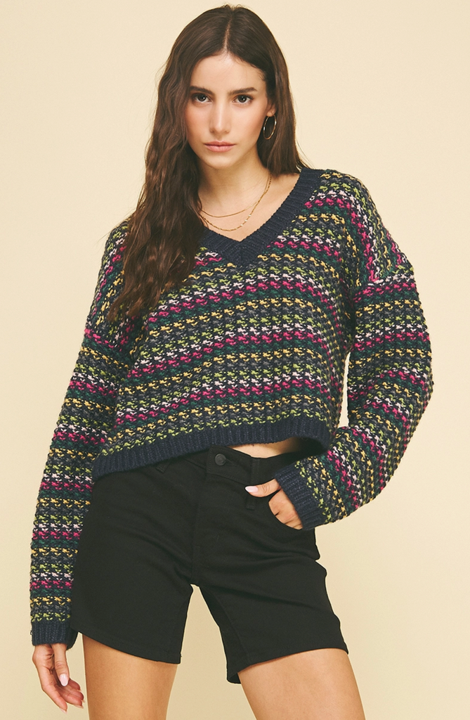 MULTI COLOR KNIT CROP SWEATER - NAVY MULTI