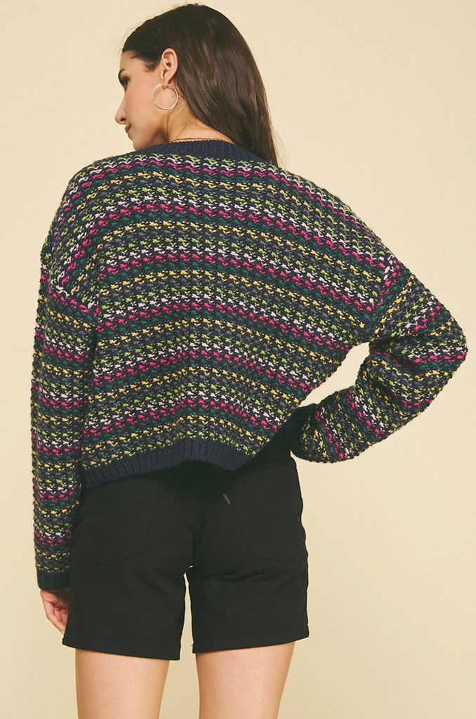 MULTI COLOR KNIT CROP SWEATER - NAVY MULTI