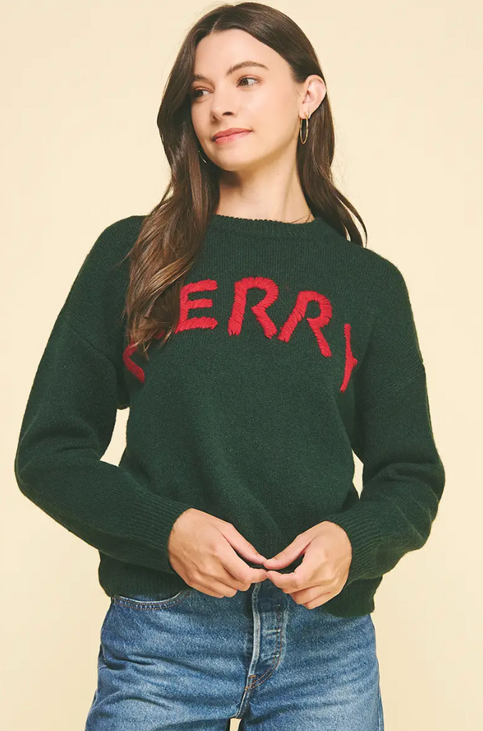 MERRY EMBROIDERED SWEATER - HUNTER GREEN