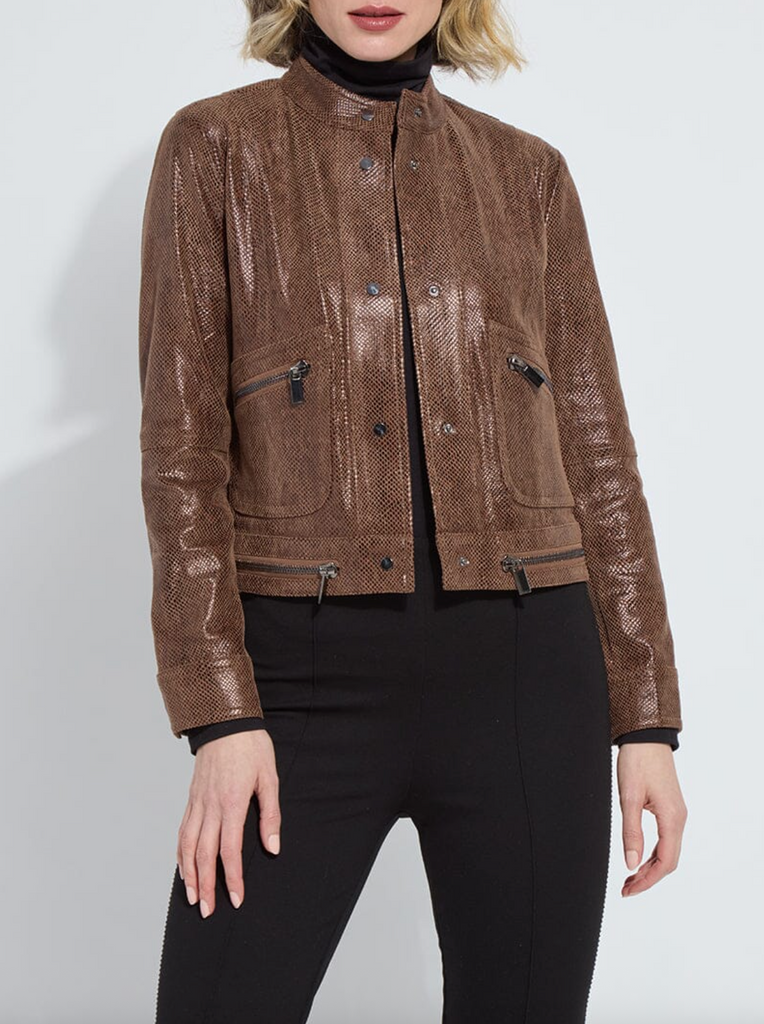 LYSSE PORTER FOIL VEGAN SUEDE MOTO JACKET - ROBUST BROWN SNAKE