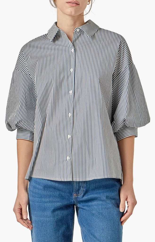STRIPE SHIRT WITH BALLOON SLEEVES - NAVY