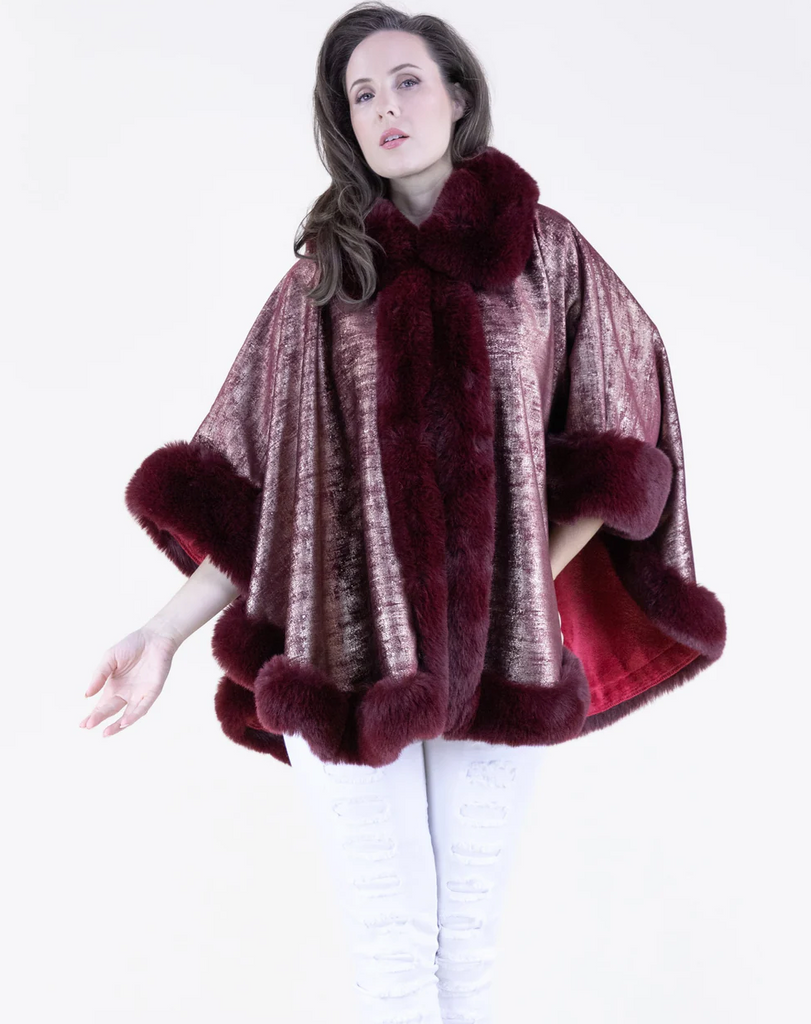 LUSTER VEGAN FUR TRIM SUEDE CAPE