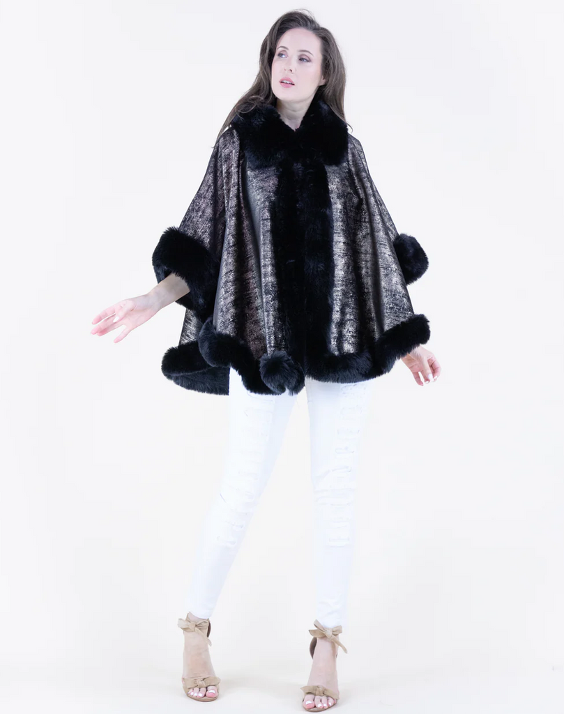 LUSTER VEGAN FUR TRIM SUEDE CAPE