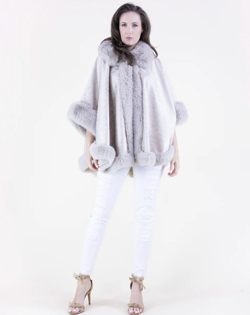 LUSTER VEGAN FUR TRIM SUEDE CAPE