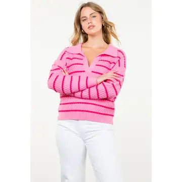 STRIPED TEXTURED KNIT SWEATER - PINK