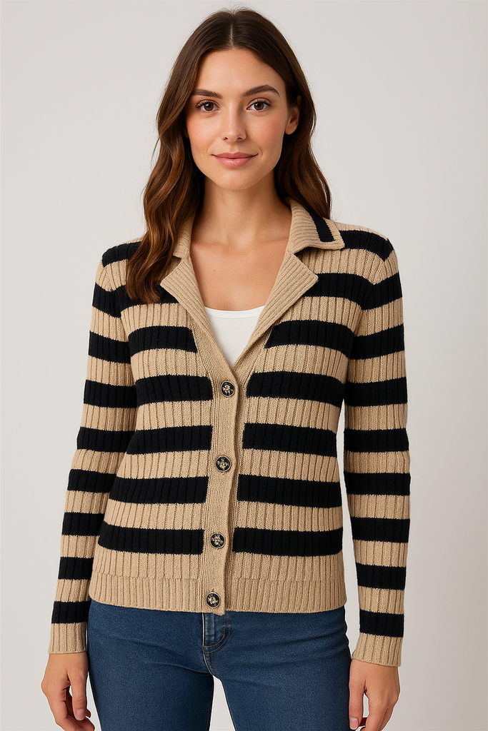 NOTCHED SPREAD COLLAR STRIPE CARDIGAN - TAUPE/BLACK