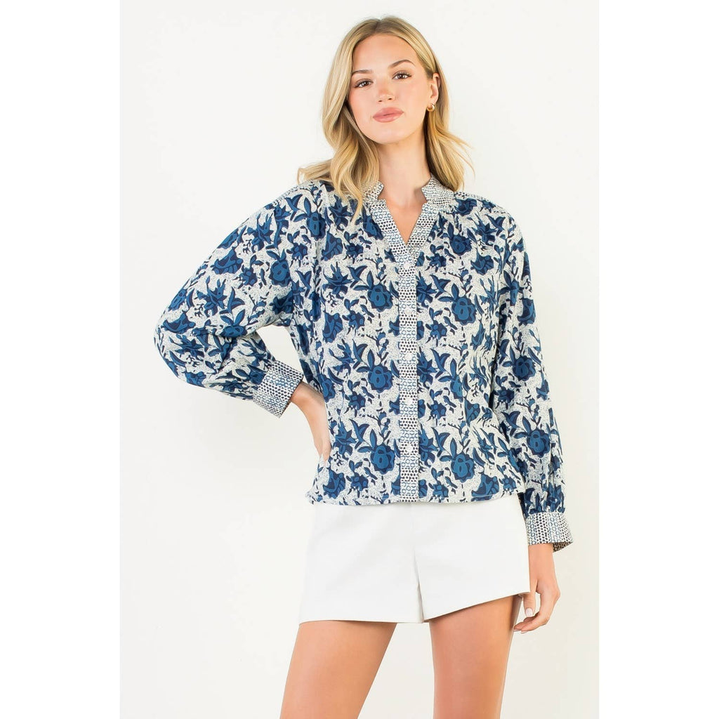 FLORAL PRINT LONG SLEEVE TOP - BLUE