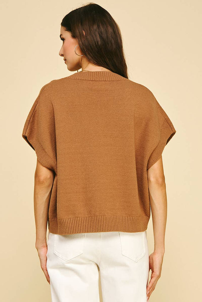V-NECK CAP SLEEVE SWEATER - BROWN