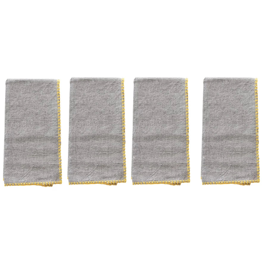 SQUARE COTTON NAPKINS WITH EMBROIDERED YELLOW EDGE SET OF 4