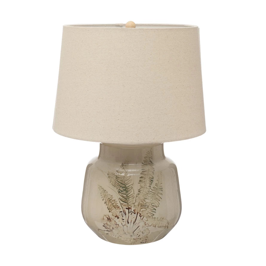 DEBOSSED STONEWARE TABLE LAMP WITH FERN & LINEN SHADE - IN STORE PICK UP ONLY!!