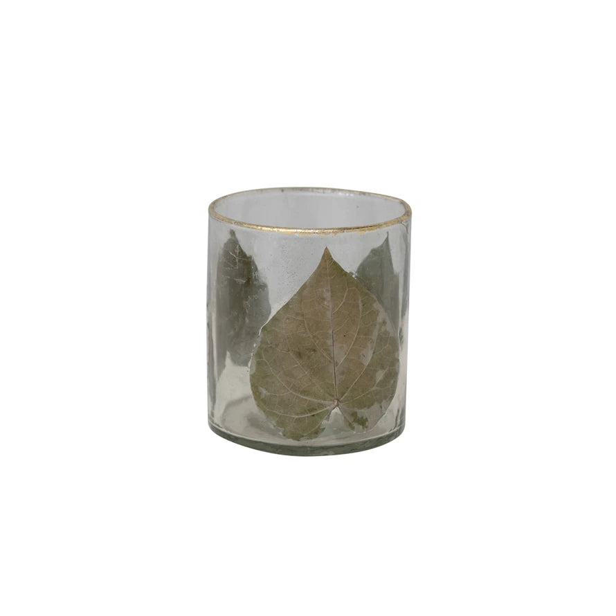 HAND BLOWN GLASS VOTIVE HOLDER WITH EMBEDDED PEEPAL LEAVES