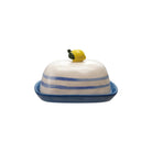 Hand-Painted Stoneware Butter Dish with Finial & Stripes