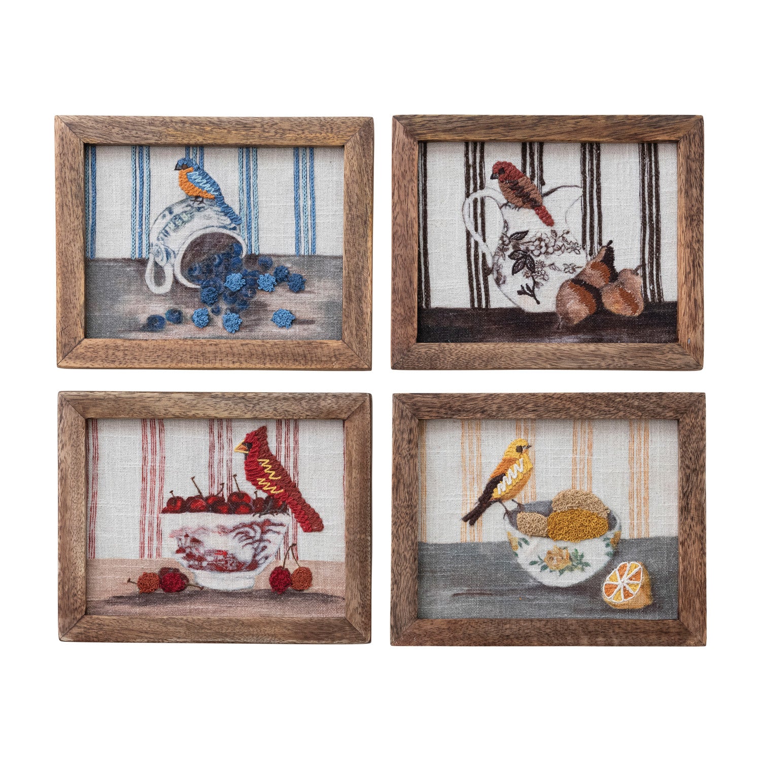 Wood Framed Cotton Embroidered Wall Decor with Bird on Dish, 4 Styles ©