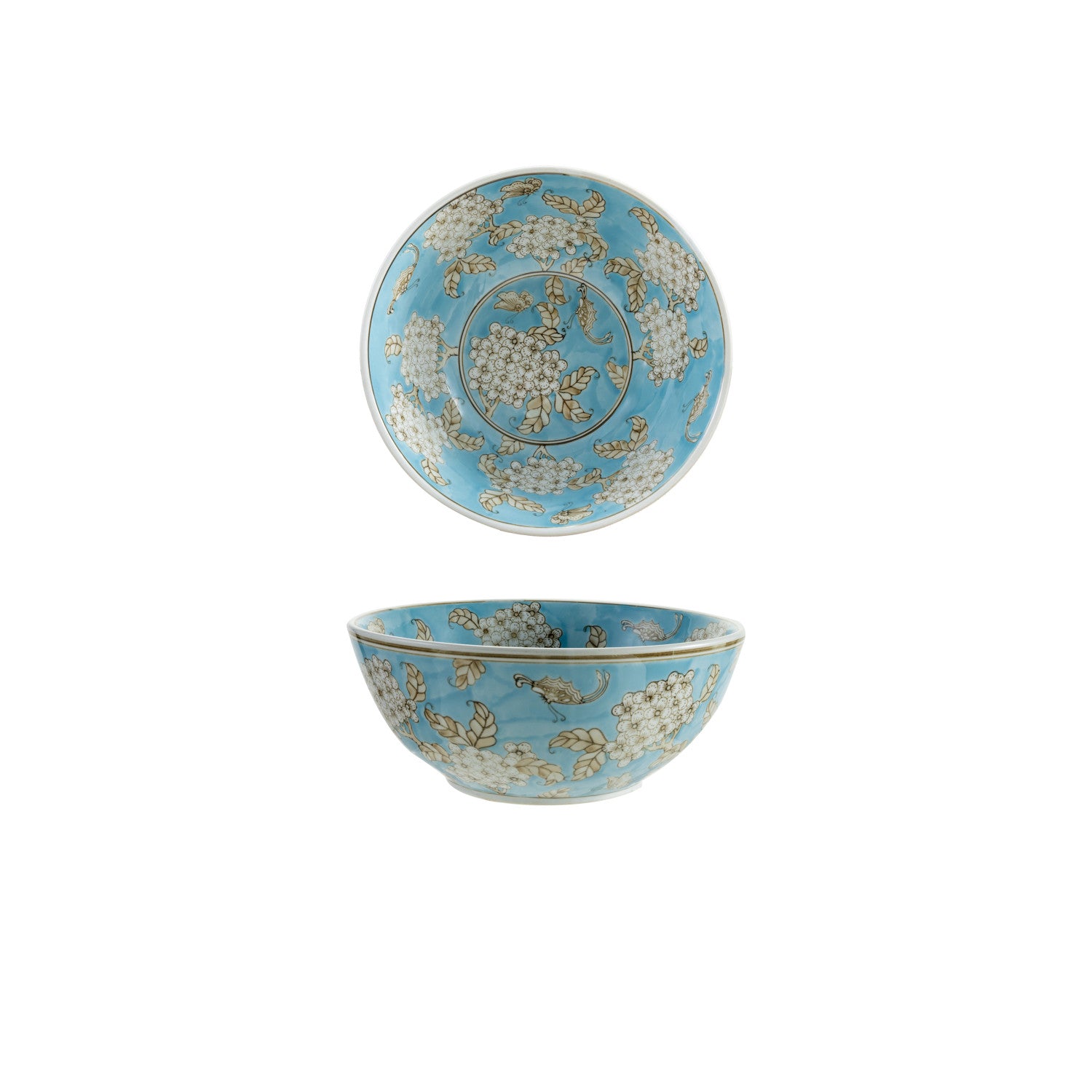 Hand-Painted Stoneware Serving Bowl with Cherry Blossoms, Blue, Brown & White
