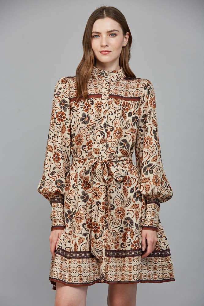 TIERED MINI DRESS WITH PINTUCK NECKBAND - CREAM/BROWN