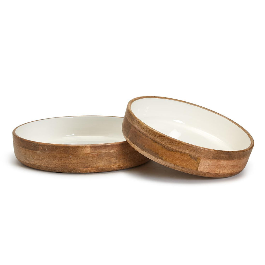 HAND CRAFTED WOOD ROUND PEDESTAL BOWLS WITH WHITE ENAMEL