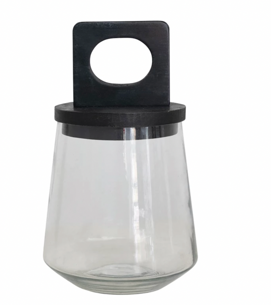 GLASS JAR WITH BLACK MANGO WOOD & MARBLE LID - IN STORE PICK UP ONLY!