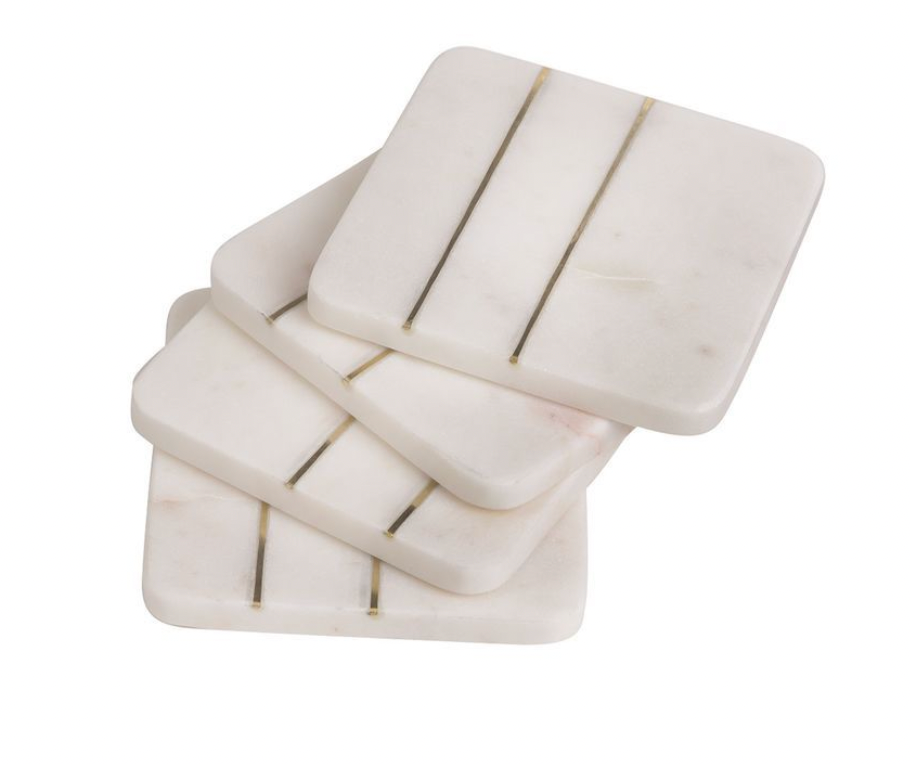 SET OF 4 SQUARE MARBLE WITH BRASS COASTERS OPAL WHITE- IN STORE PICK UP ONLY!
